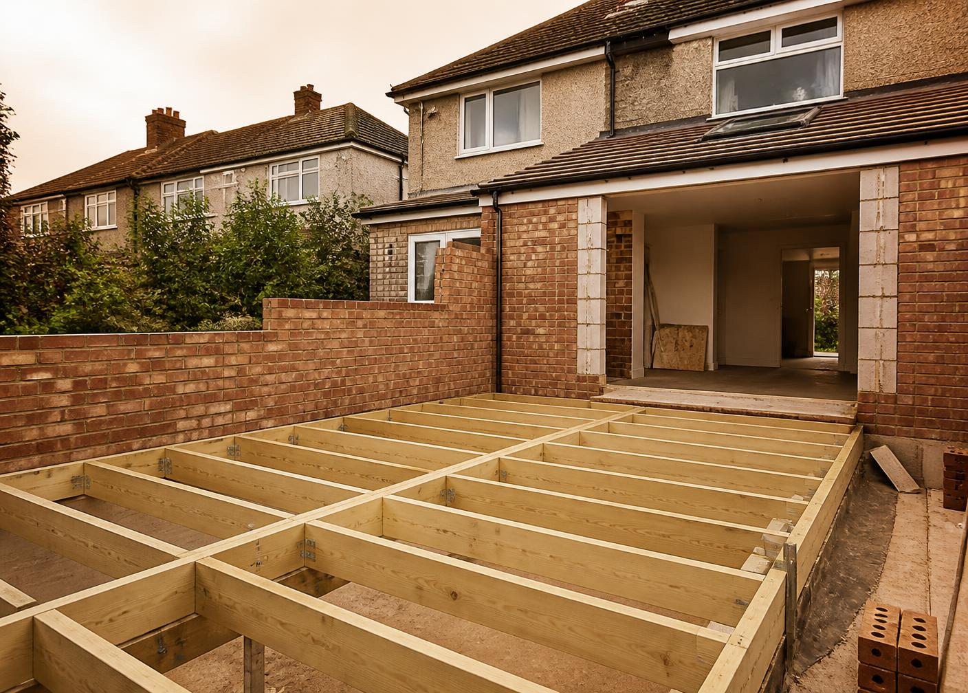 Residential extension under construction with timber roof structure